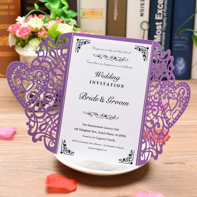 FOMTOR Laser Cut Wedding Invitations Kits 50 Packs Laser Cut Wedding Invitations with Blank Printable Cards and Envelopes for Birthday Parties Purple - Image 2